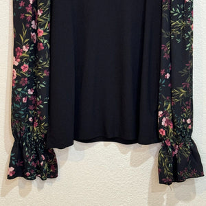 Cece Black Floral-Sleeve Mock-Neck Knit Top Size Small