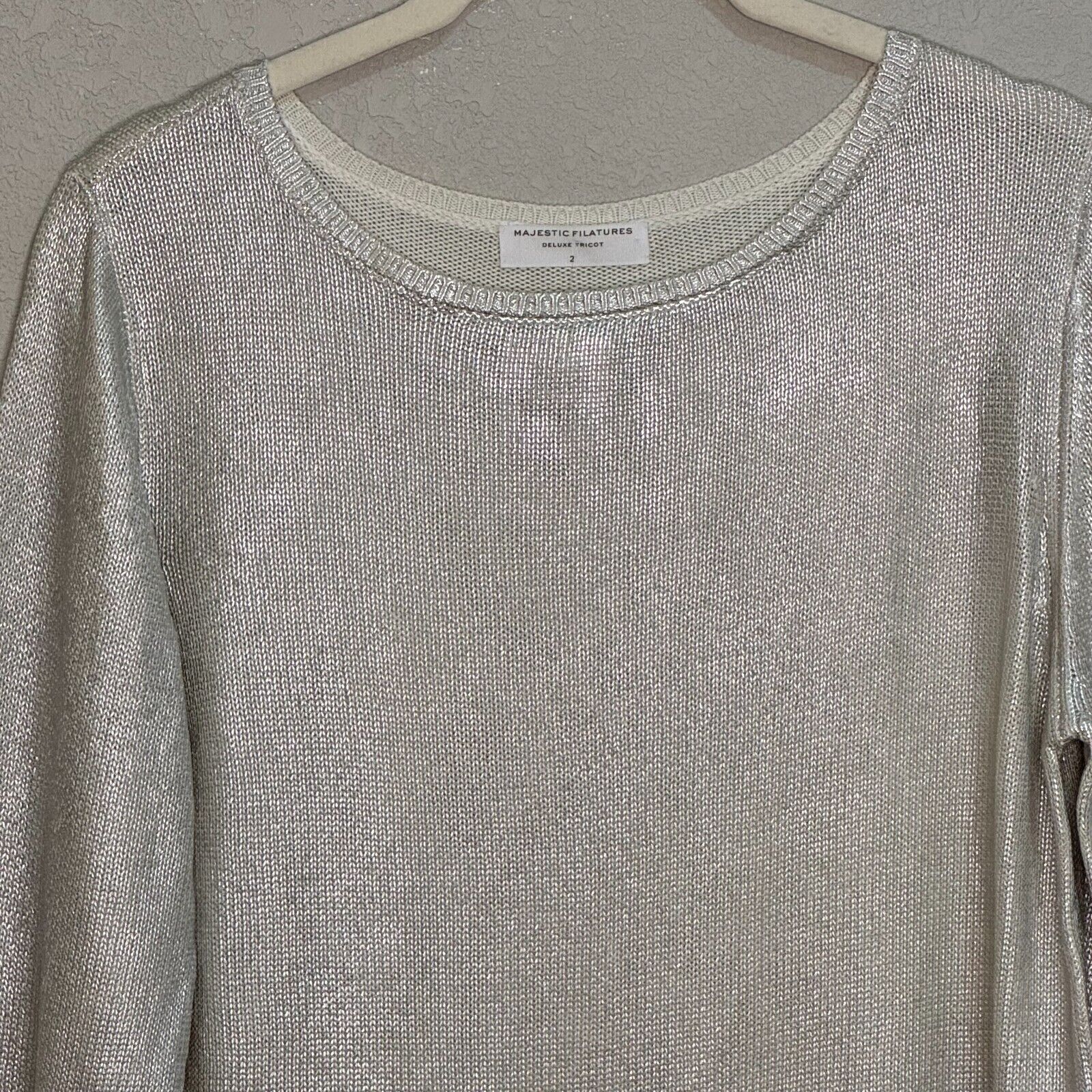 Majestic Filatures Metallic Silver Long Sleeve Sweater Size Small NEW $398