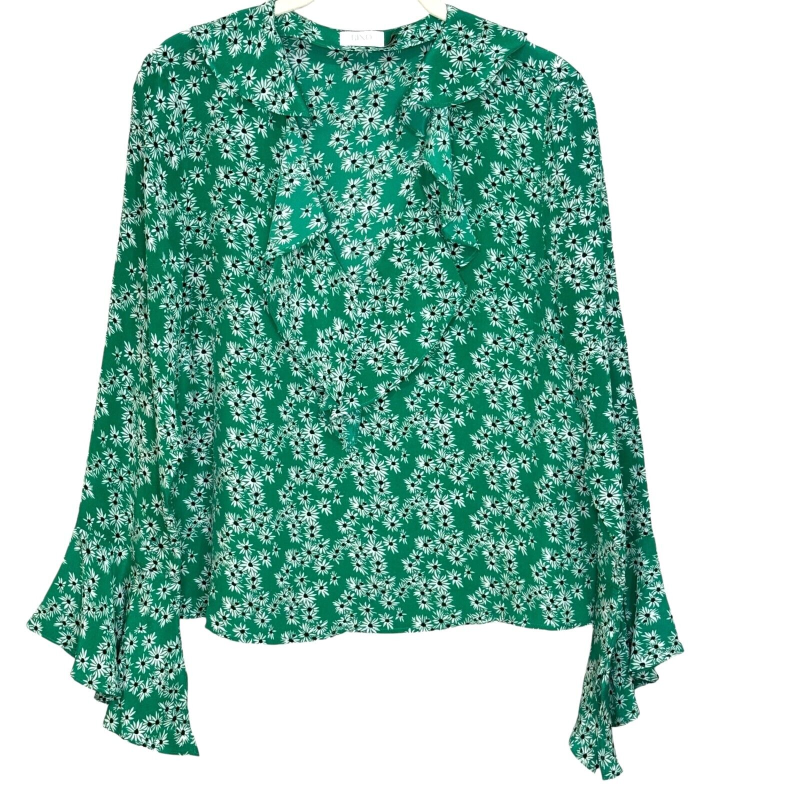 RIXO London Jane Ruffle Blouse In Daisy Dream Green White Floral Size Medium