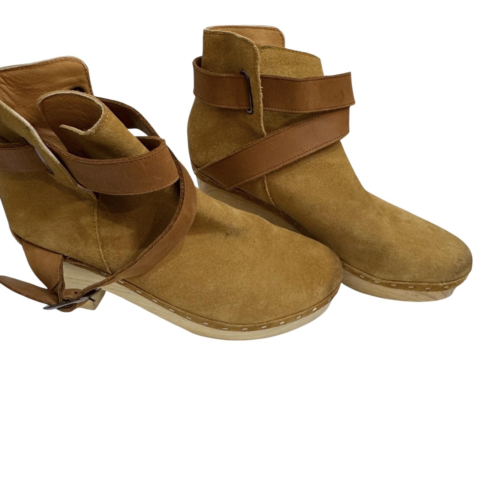Free People Boots Womens Size 38 Tan Suede Clog Ankle Wrap Wooden Heel 500030907