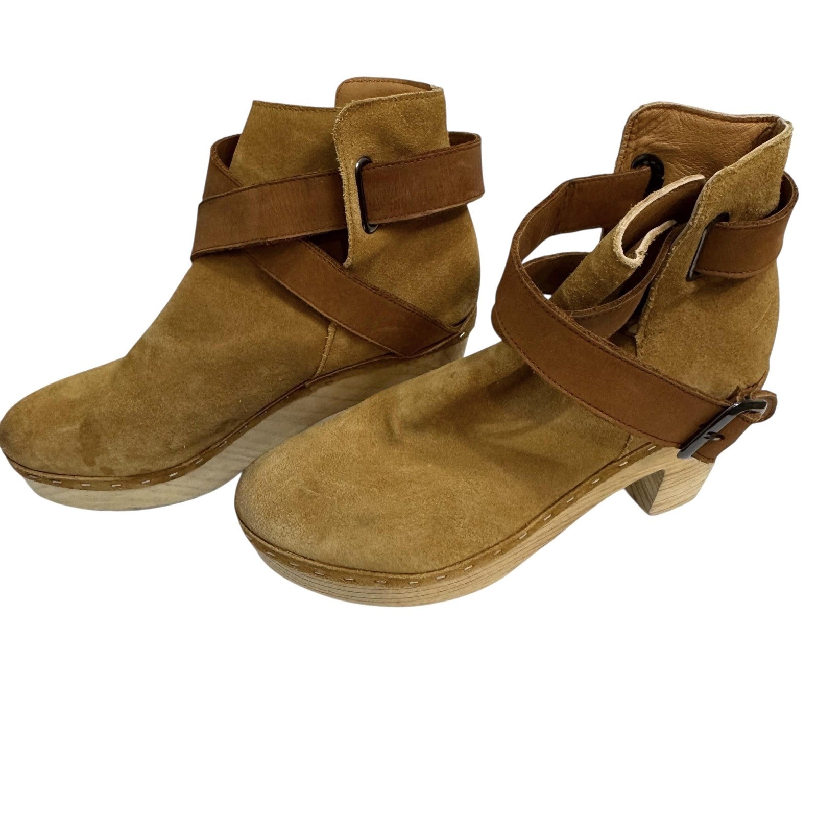 Free People Boots Womens Size 38 Tan Suede Clog Ankle Wrap Wooden Heel 500030907