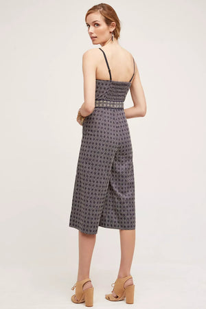 Anthropologie elevenses Remy Jumpsuit Size 6 Navy Blue Print Sleeveless Cotton