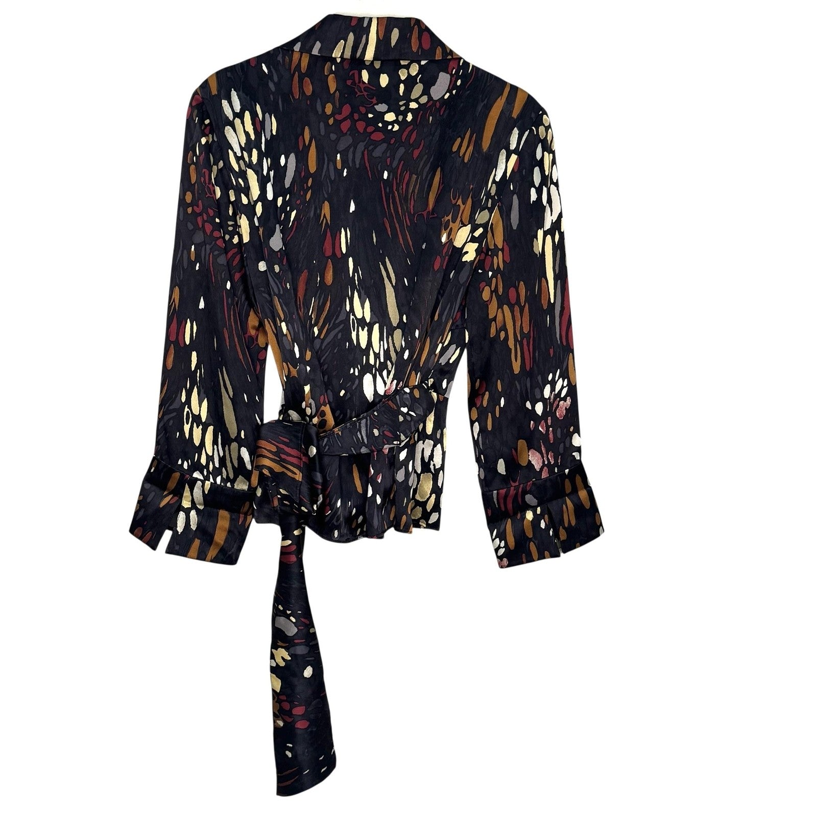Lafayette 148 New York Blouse Womens 2 Black Abstract Print Silk Wrap Top Shirt