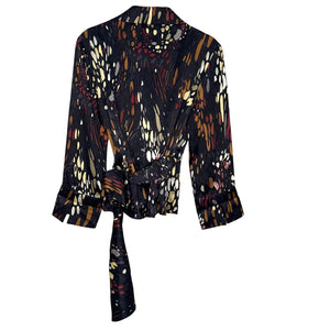 Lafayette 148 New York Blouse Womens 2 Black Abstract Print Silk Wrap Top Shirt