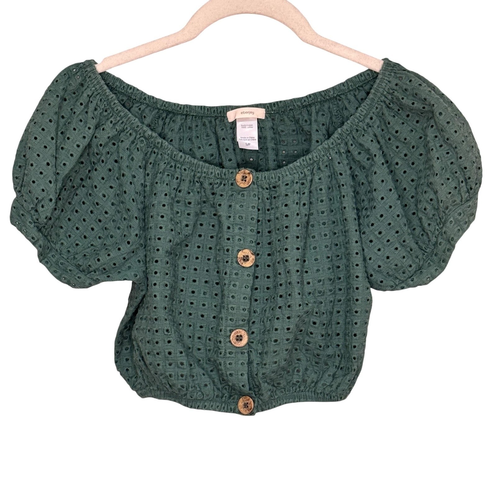 Eberjey Top Womens Small Eyelet Puff Sleeve Cropped Boho Button Blouse