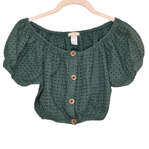 Eberjey Top Womens Small Eyelet Puff Sleeve Cropped Boho Button Blouse