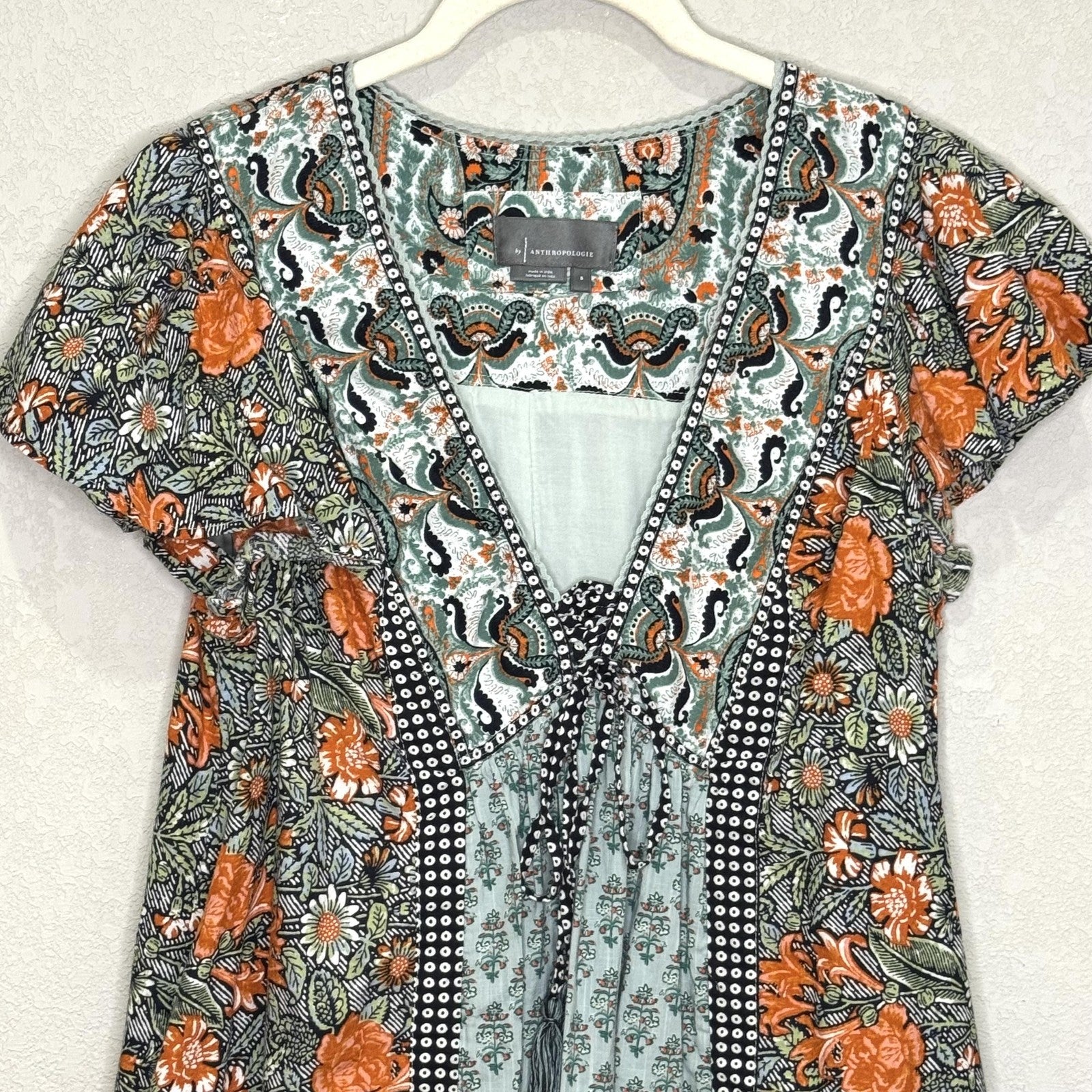 Anthropologie Dress Womens Small Boho Floral Paisley Tunic Pockets Orange Green