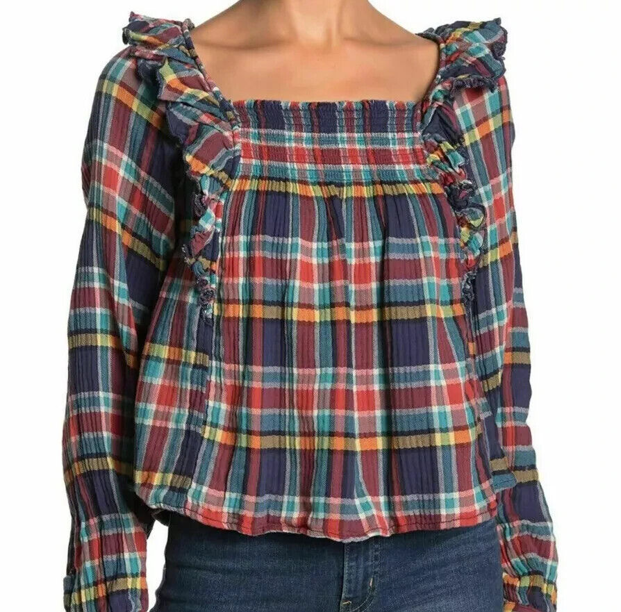 Free People We The Free Sienna Madras Plaid Ruffle Tie Back Pullover Top Size XS