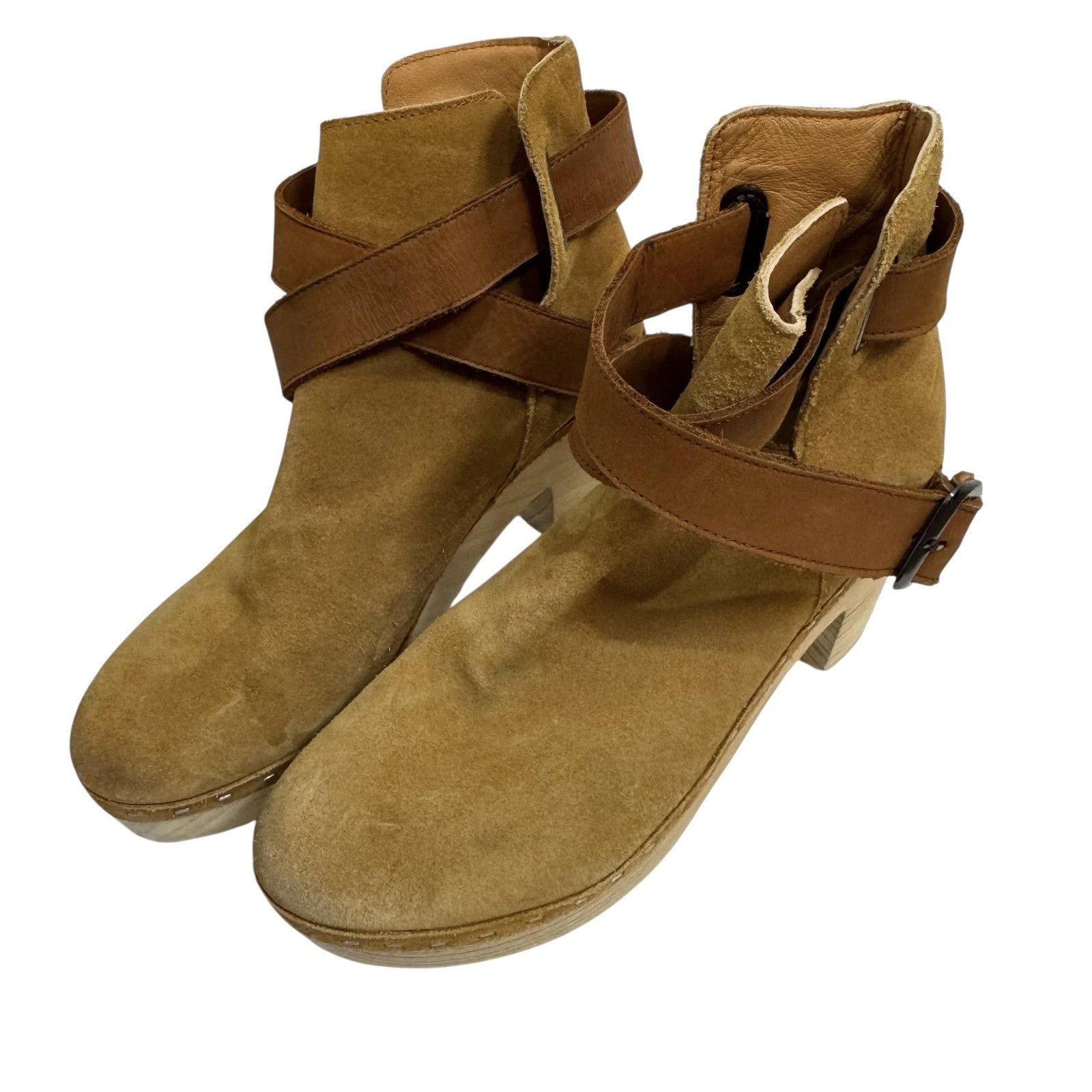 Free People Boots Womens Size 38 Tan Suede Clog Ankle Wrap Wooden Heel 500030907