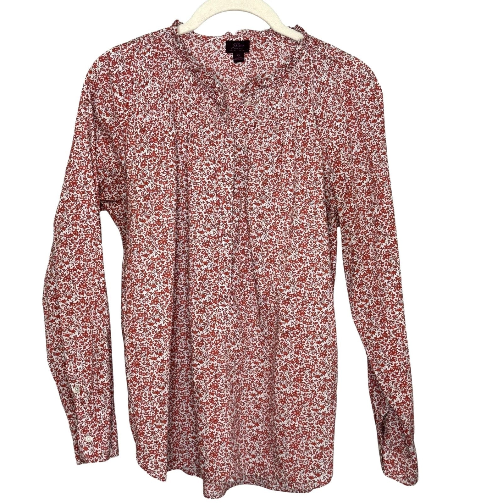 J.Crew Shirt Womens 6 Red Liberty Fabric Floral Long Sleeve Popover Ruffle Neck