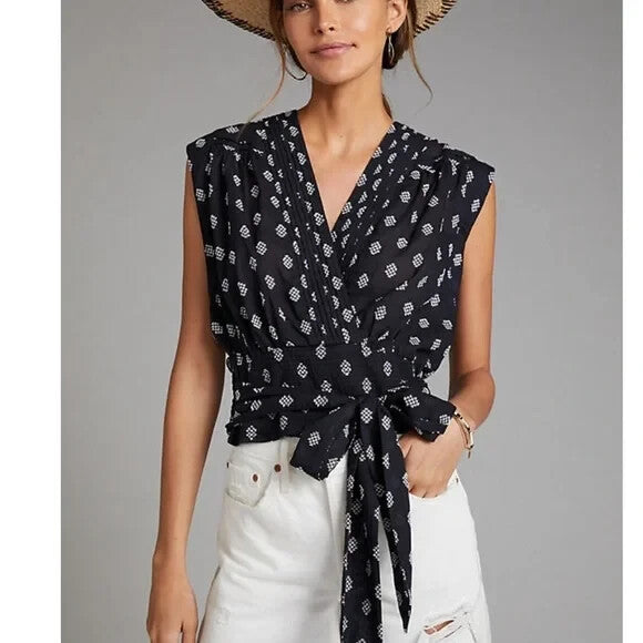 Anthropologie Top Size Small Black White Motif V Neck Tie Waist Surplice Blouse