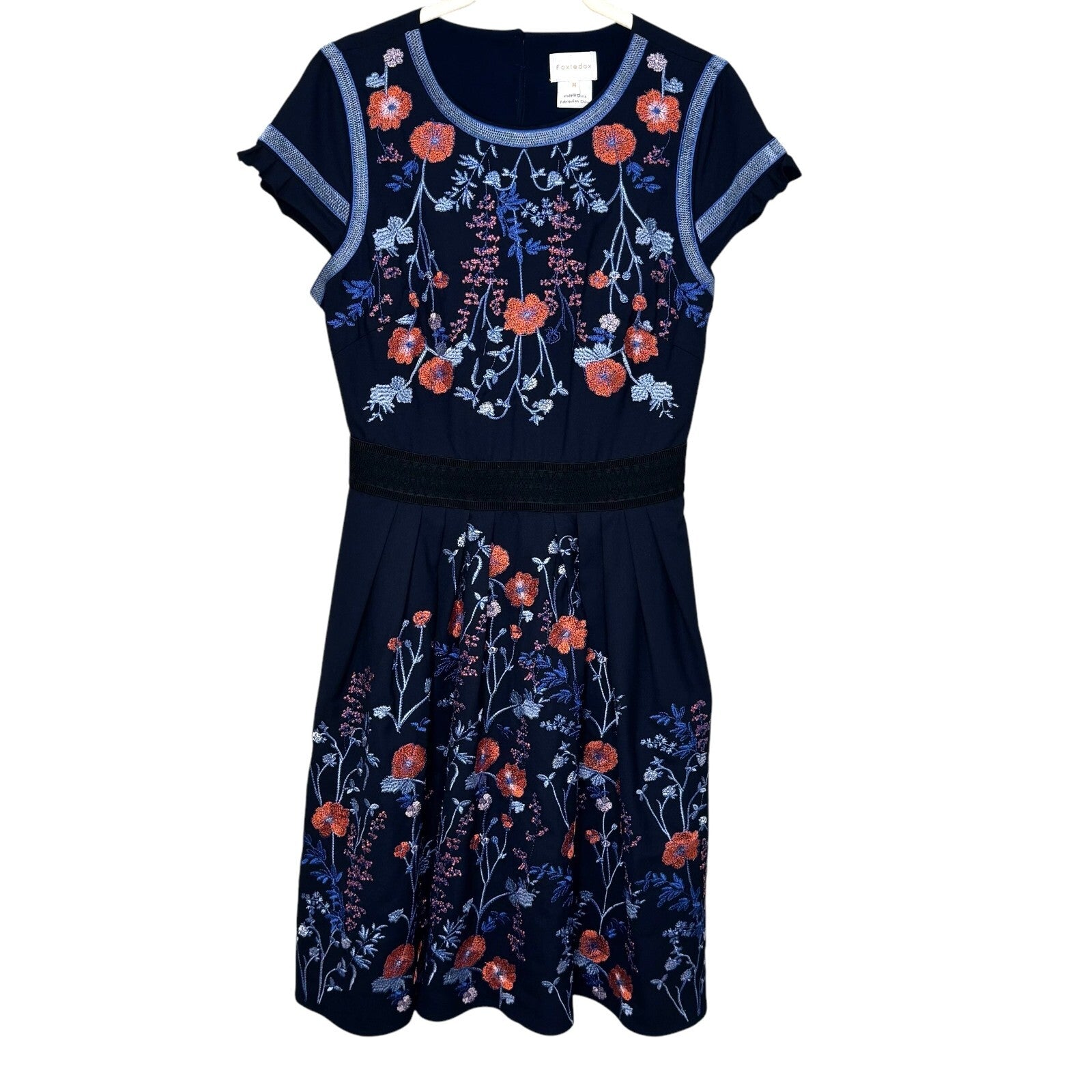 Foxidox Dress Size Medium Senna Embroidered Navy Blue Fit & Flare