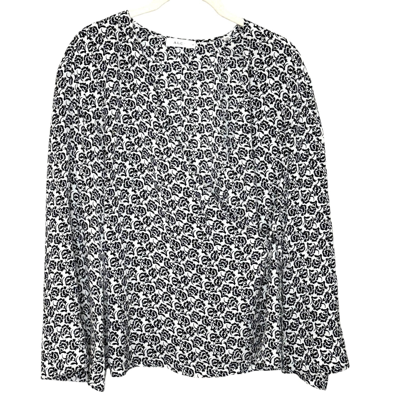 A.L.C Blouse Top Size 4 Eggshell Black Antique Floral Print Silk Wrap