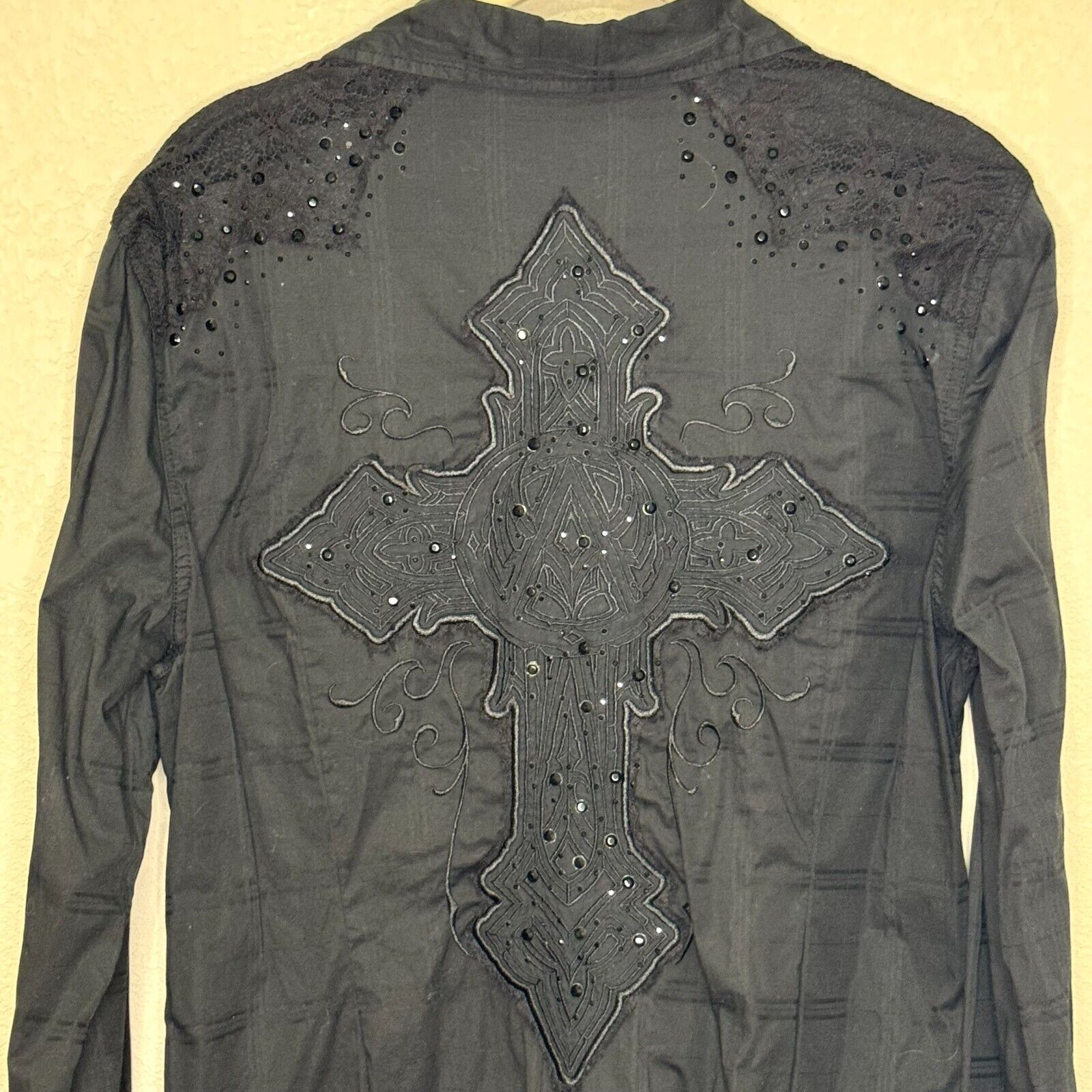 Affliction Premium Womens Shirt Size Large Button Up Black Lace Cross