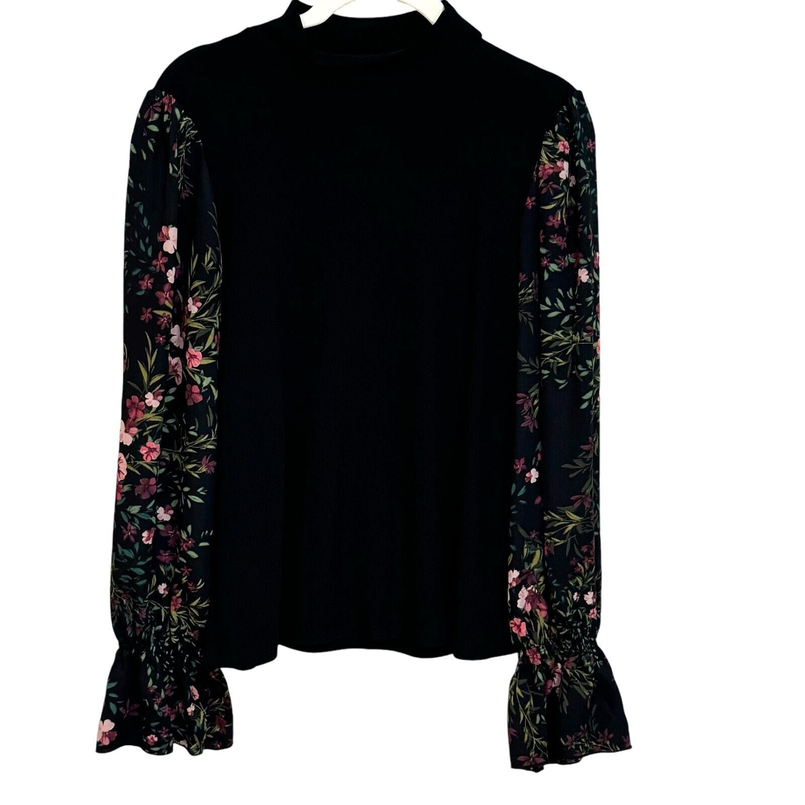 Cece Black Floral-Sleeve Mock-Neck Knit Top Size Small