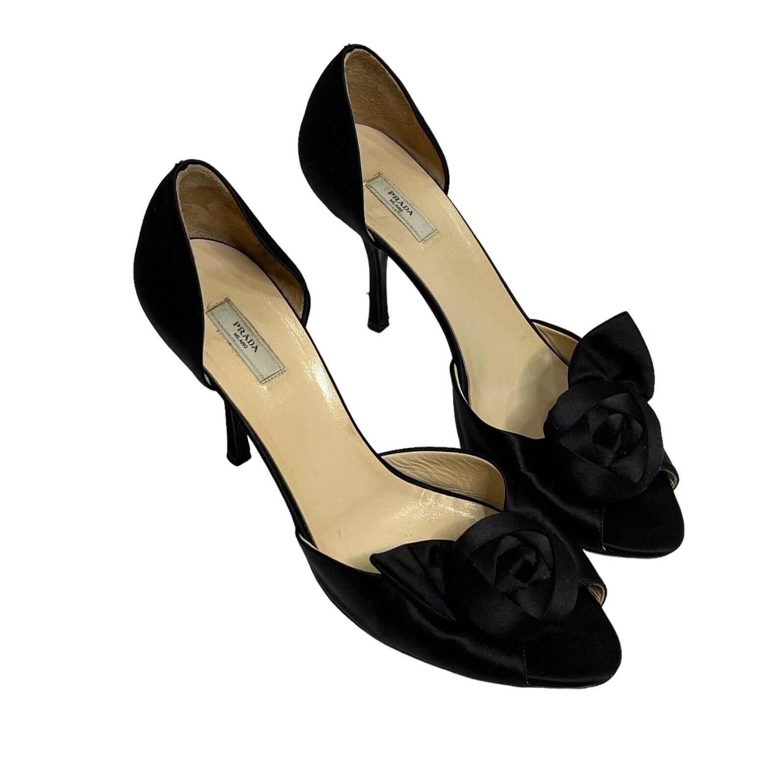 PRADA Womens Heels US Size US 10.5 ( 40.5 ) Black Satin Rose Pumps