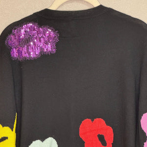 Escada Black V Neck Sweater Bright Sequin Flowers Size Large