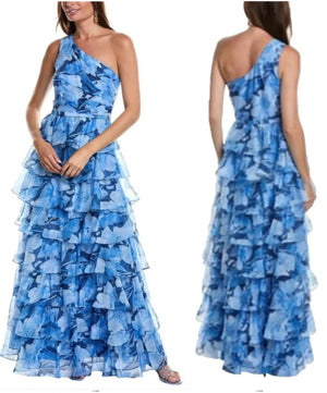 Mikael Aghal One Shoulder Gown Dress Blue Chiffon Coastal Black Tie Alt. Size 6