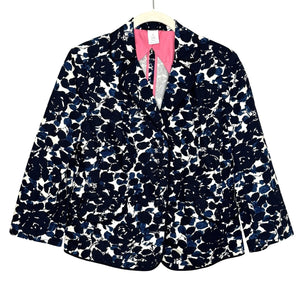 Vtg J Crew Blazer Womens Medium Navy Blue White Floral Print Cotton Jacket SP 05
