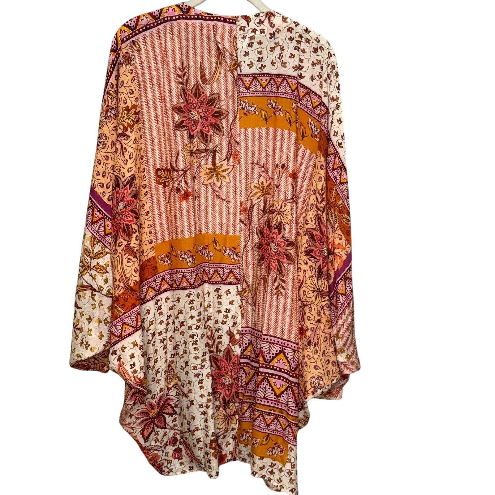 Anthropologie Madeline Cocoon Kimono Wrap One Size Coral Pink Cream Print