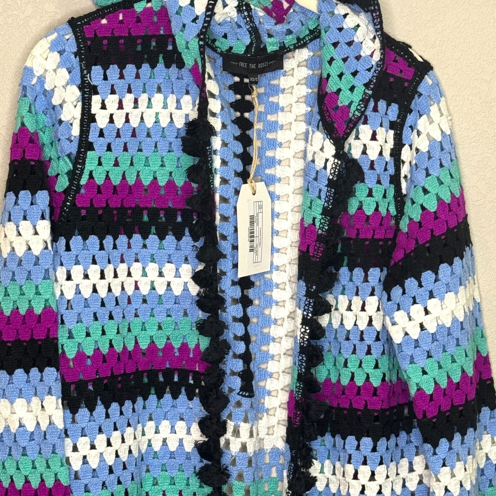 Free The Roses NEW Striped Open Long Crochet Hooded Cardigan Size XS / S $110