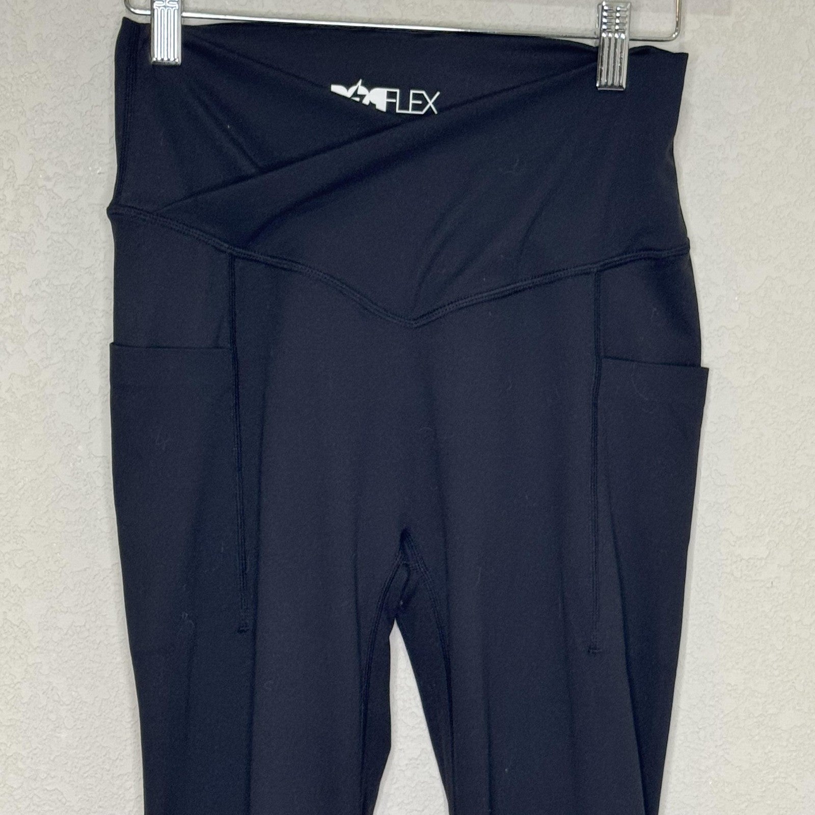 POPFLEX Pants Womens Medium Black Magical Flare Yoga Crossover Waist Pockets