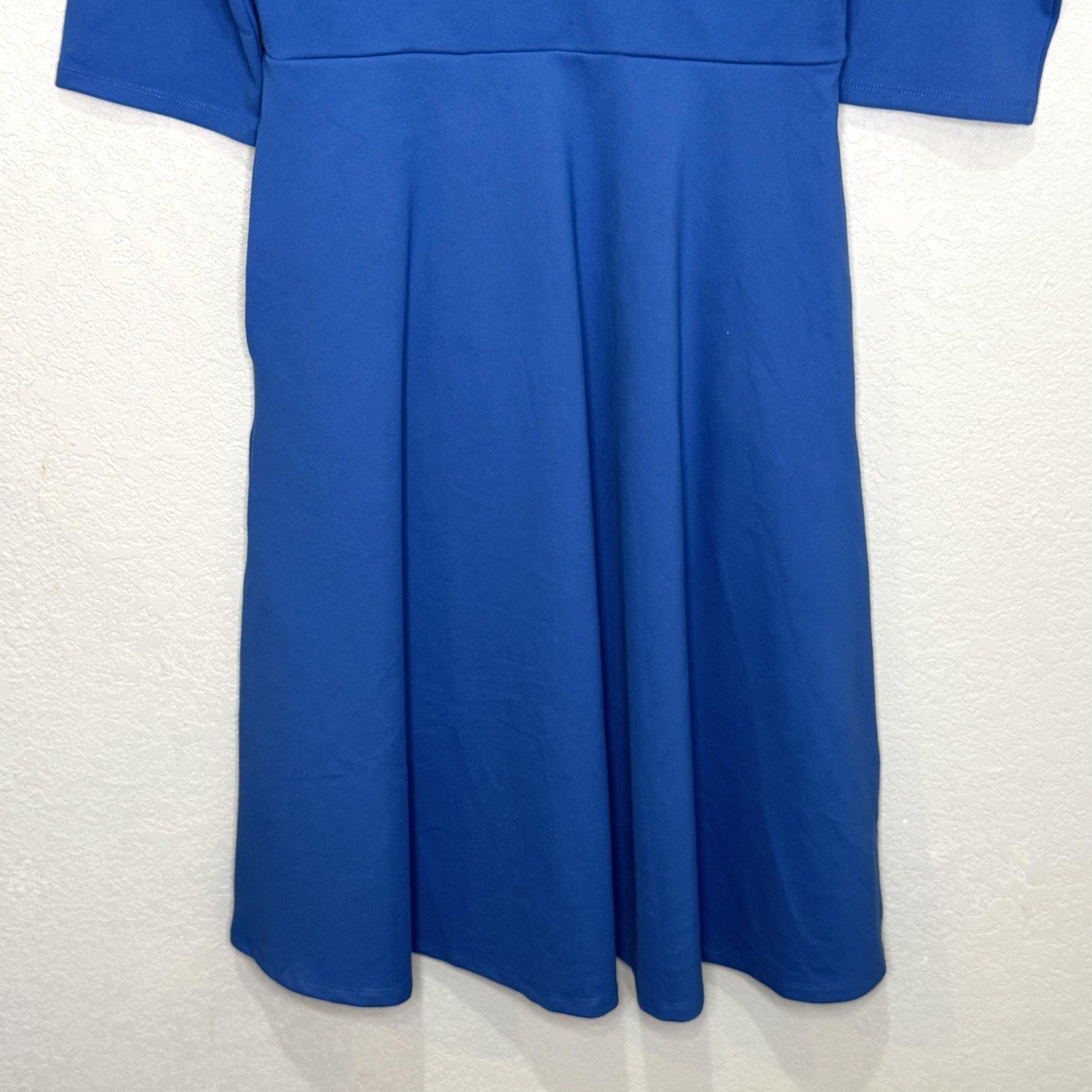 Betabrand Round-Trip Dress Medium Blue 3/4 Sleeve Faux Wrap Fit Flare Comfy Work
