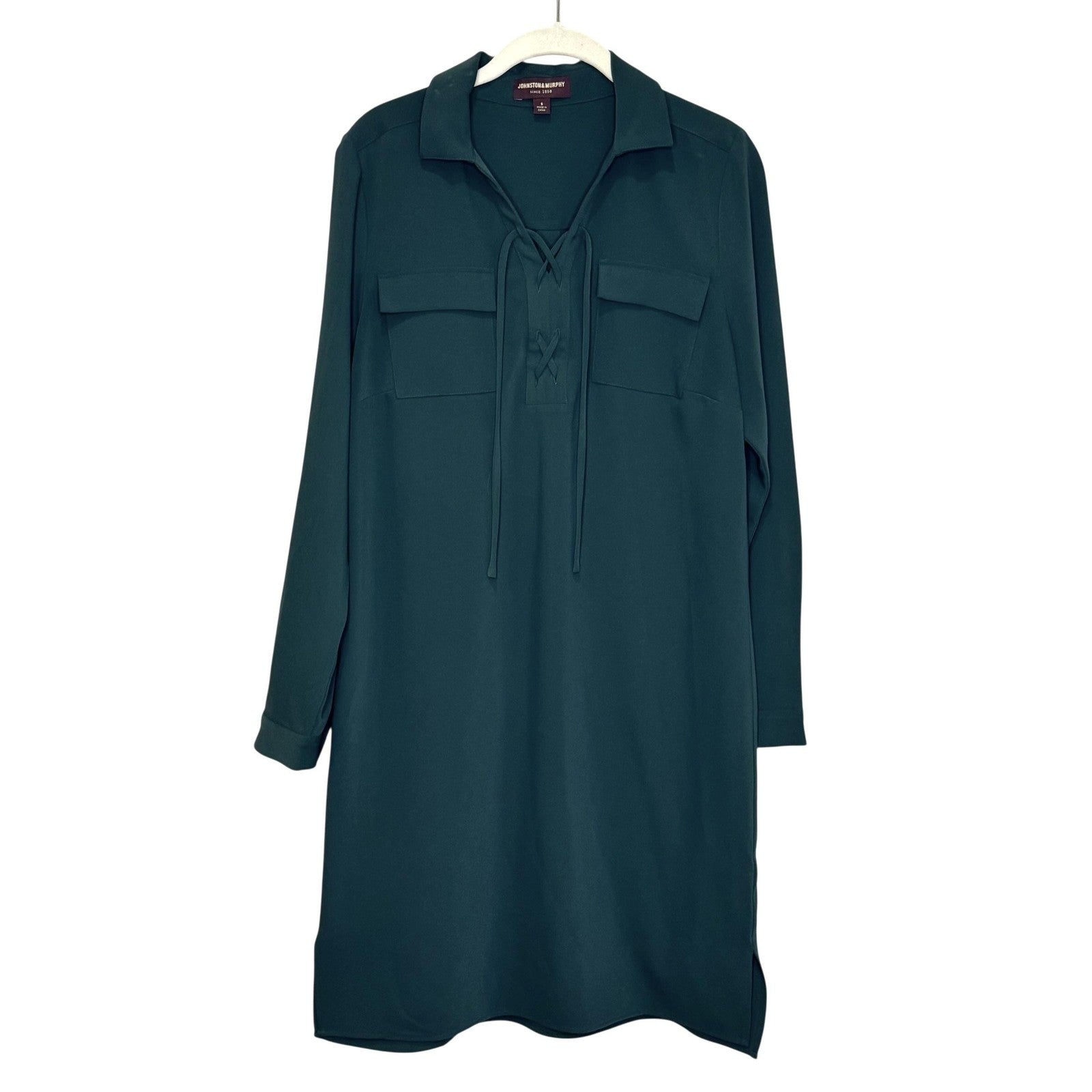 Johnston & Murphy Dress Womens Small Green Long Sleeve Lace Up Tunic Pockets
