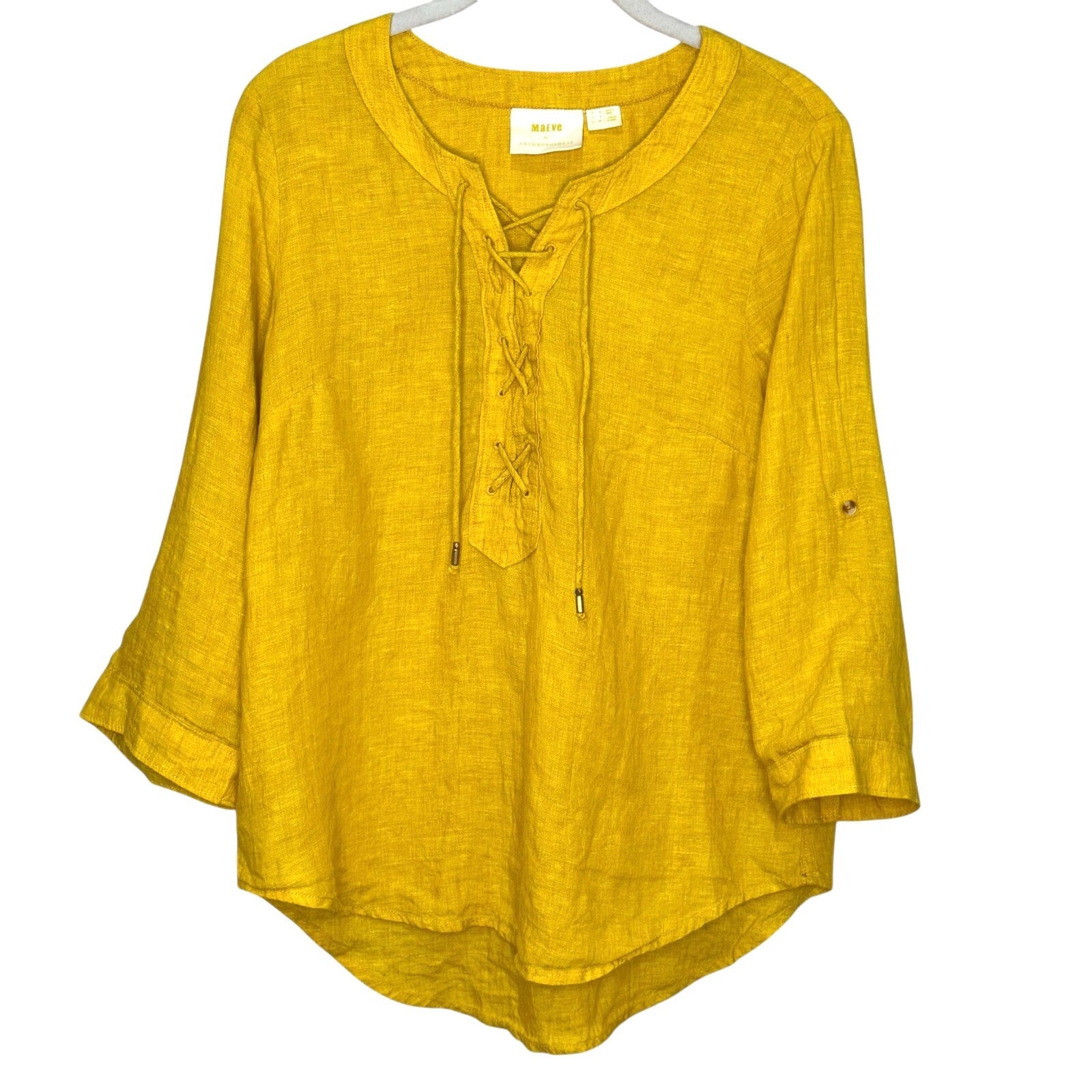 Maeve Anthropologie Linen Top Blouse Women Size 4 S Mustard Yellow Marva Lace Up