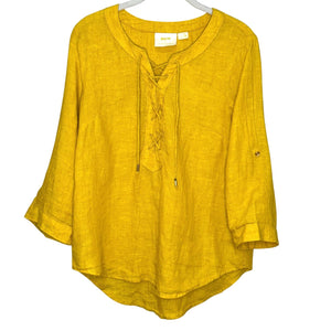 Maeve Anthropologie Linen Top Blouse Women Size 4 S Mustard Yellow Marva Lace Up