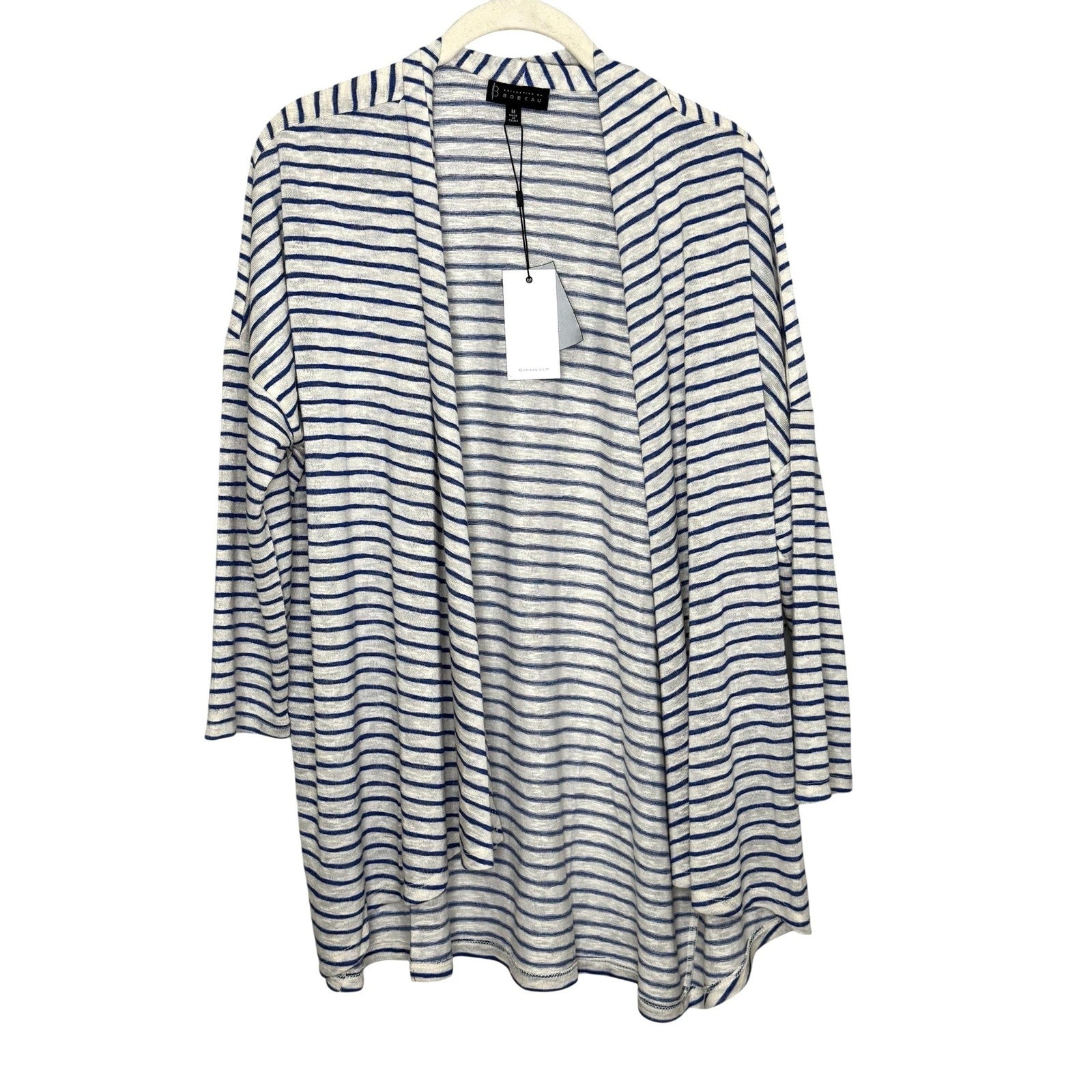 Bobeau Cardigan Womens Medium Blue White Striped Open Front Lightweight Sweater