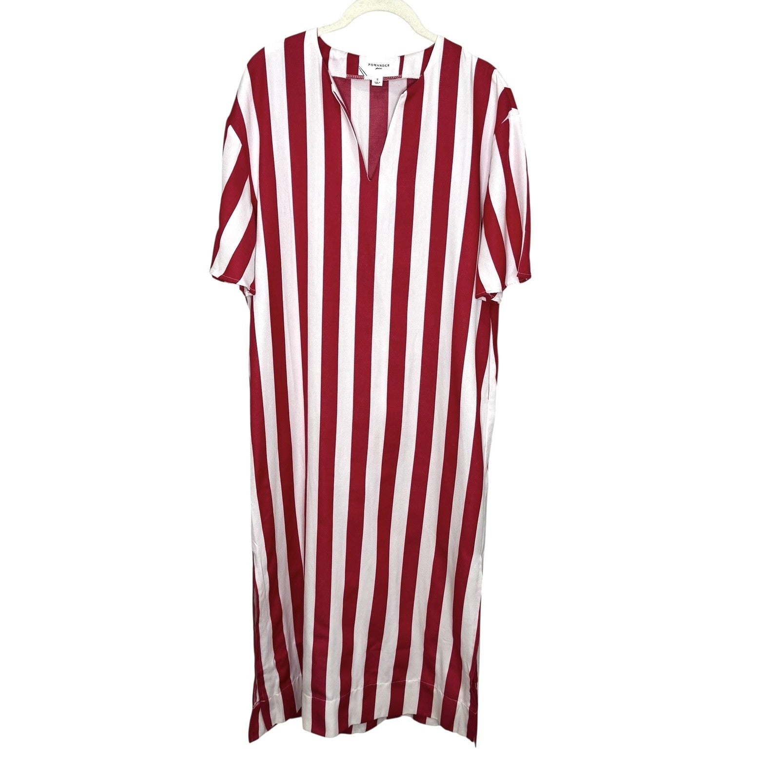 Pomander Place Dress Womens Small Striped Split Neck Pocket Midi Casual Summer