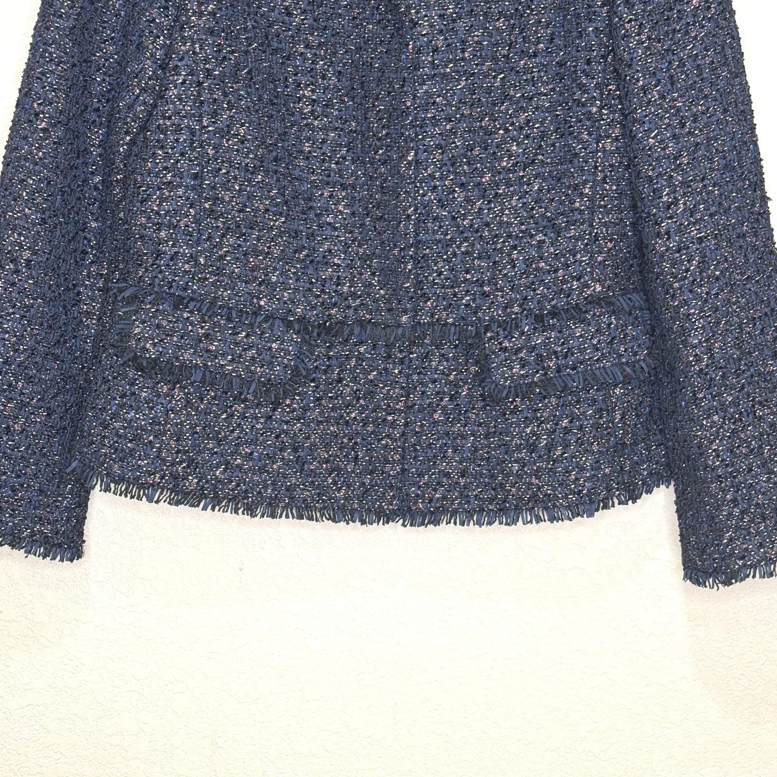 Ann Taylor Jacket Womens 4 Navy Blue Tweed Fringe Boucle Collarless Lined Office
