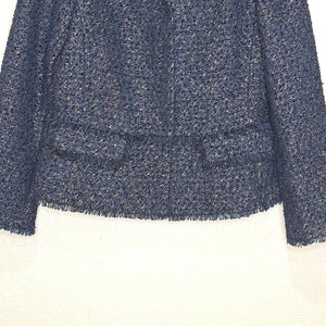 Ann Taylor Jacket Womens 4 Navy Blue Tweed Fringe Boucle Collarless Lined Office