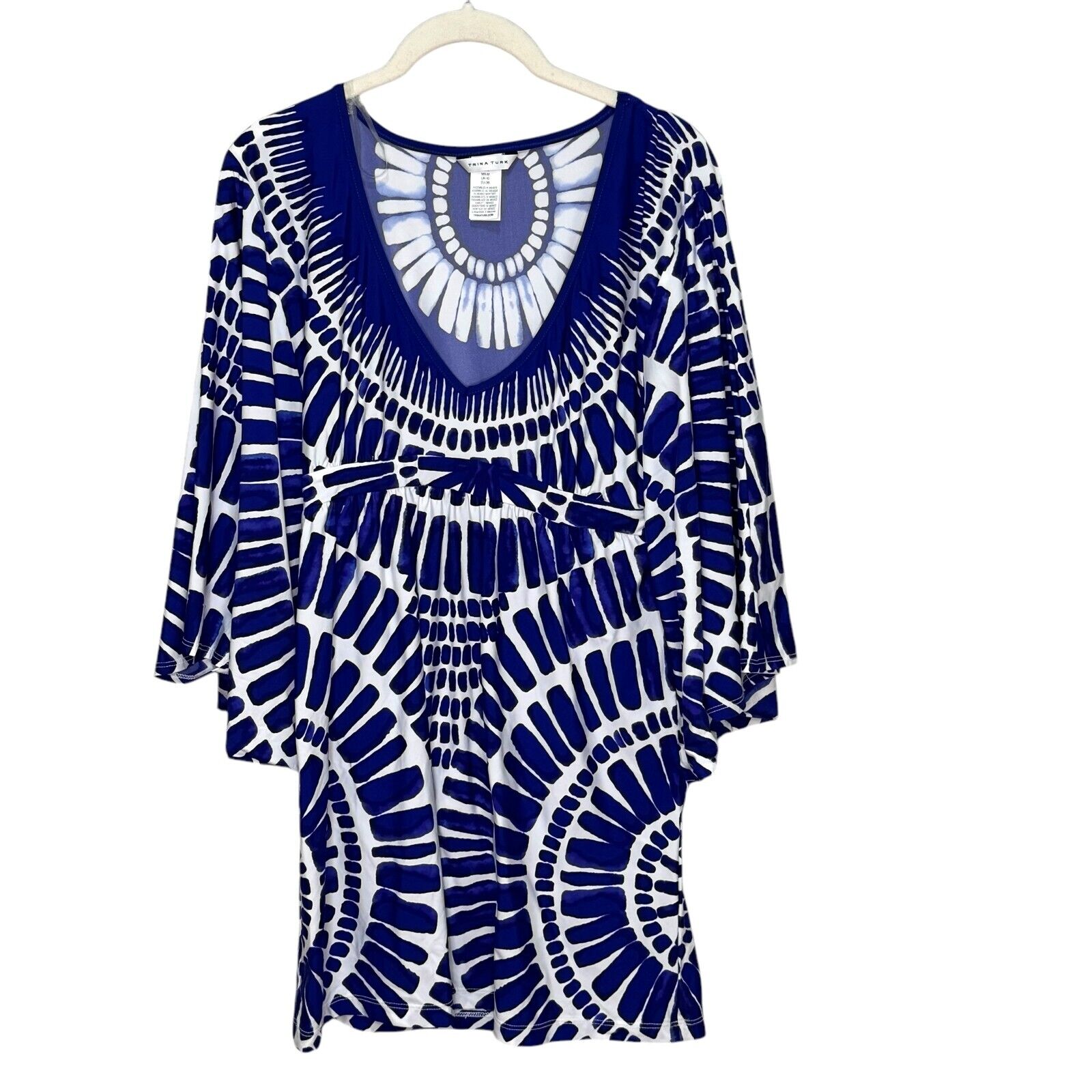 Trina Turk Algiers Tunic Swim Cover Up DressSize Medium Indigo Blue White Ikat