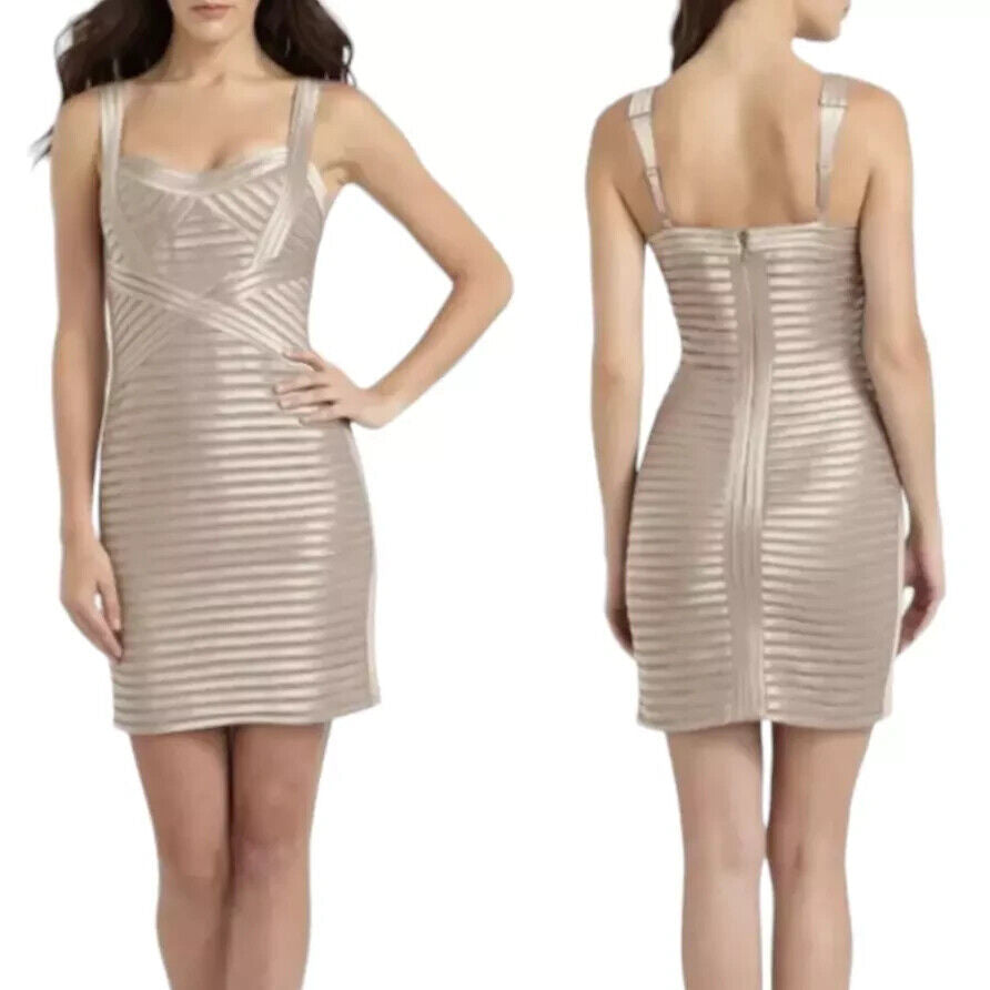 BCBGMaxazria NEW Pumice Beige Rivas Bandage Bodycon Mini Dress Size 10 $328