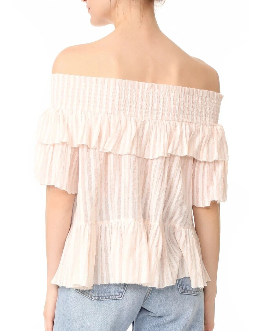 Ulla Johnson Top Size 4 Pink White Striped Smocked Off Shoulder