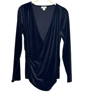 Sundance Wrap Top Womens Small Black Velour Surplice Long Sleeve V Neck Ruched