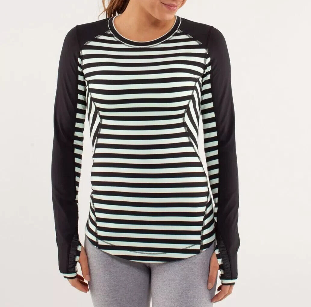 Lululemon Run Reflect Long Sleeve Black / Mint Striped Top Size 8