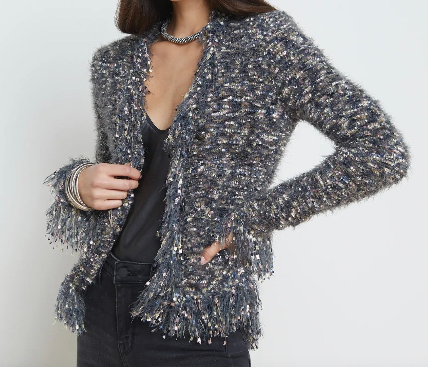 L'AGENCE Sweater Womens Large Blue Boucle Fringe Open Cardigan Jacket S8861NLQ