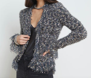 L'AGENCE Sweater Womens Large Blue Boucle Fringe Open Cardigan Jacket S8861NLQ
