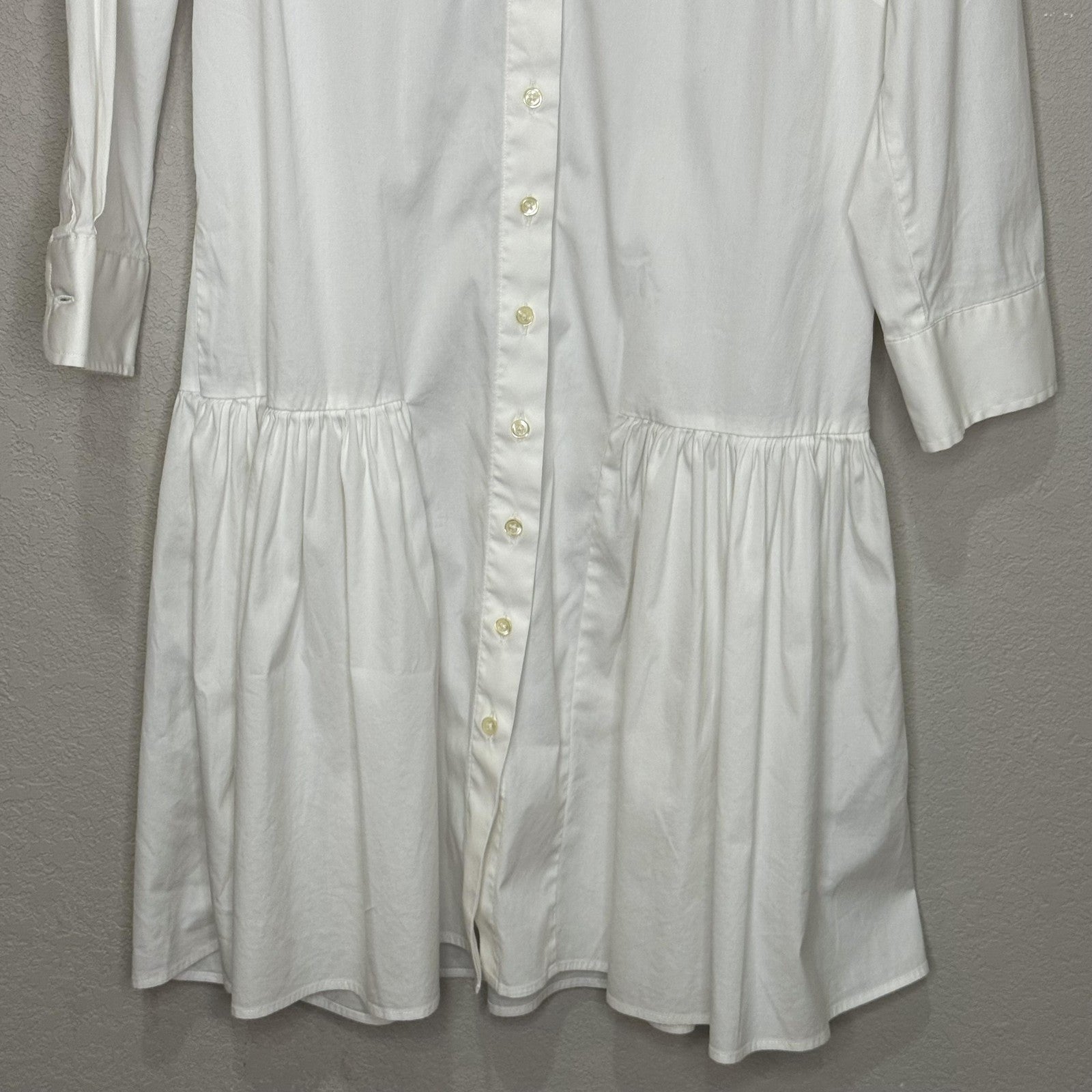 THESHIRT Rochelle Behrens Shirt Dress Womens Medium White Drop Waist Ruffle Hem
