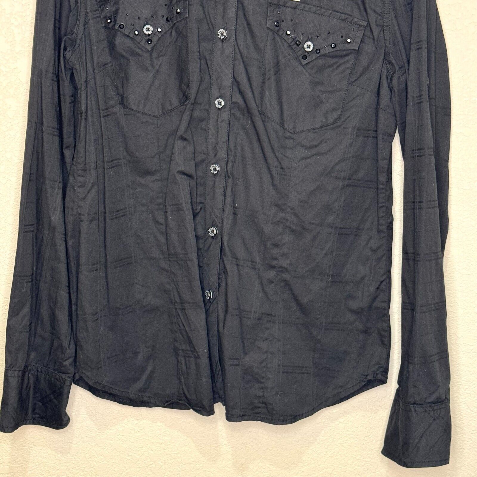 Affliction Premium Womens Shirt Size Large Button Up Black Lace Cross