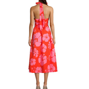 Staud Dress Moana 8 Red Pink Floral Halter Midi Open Back Summer Vacation Beach