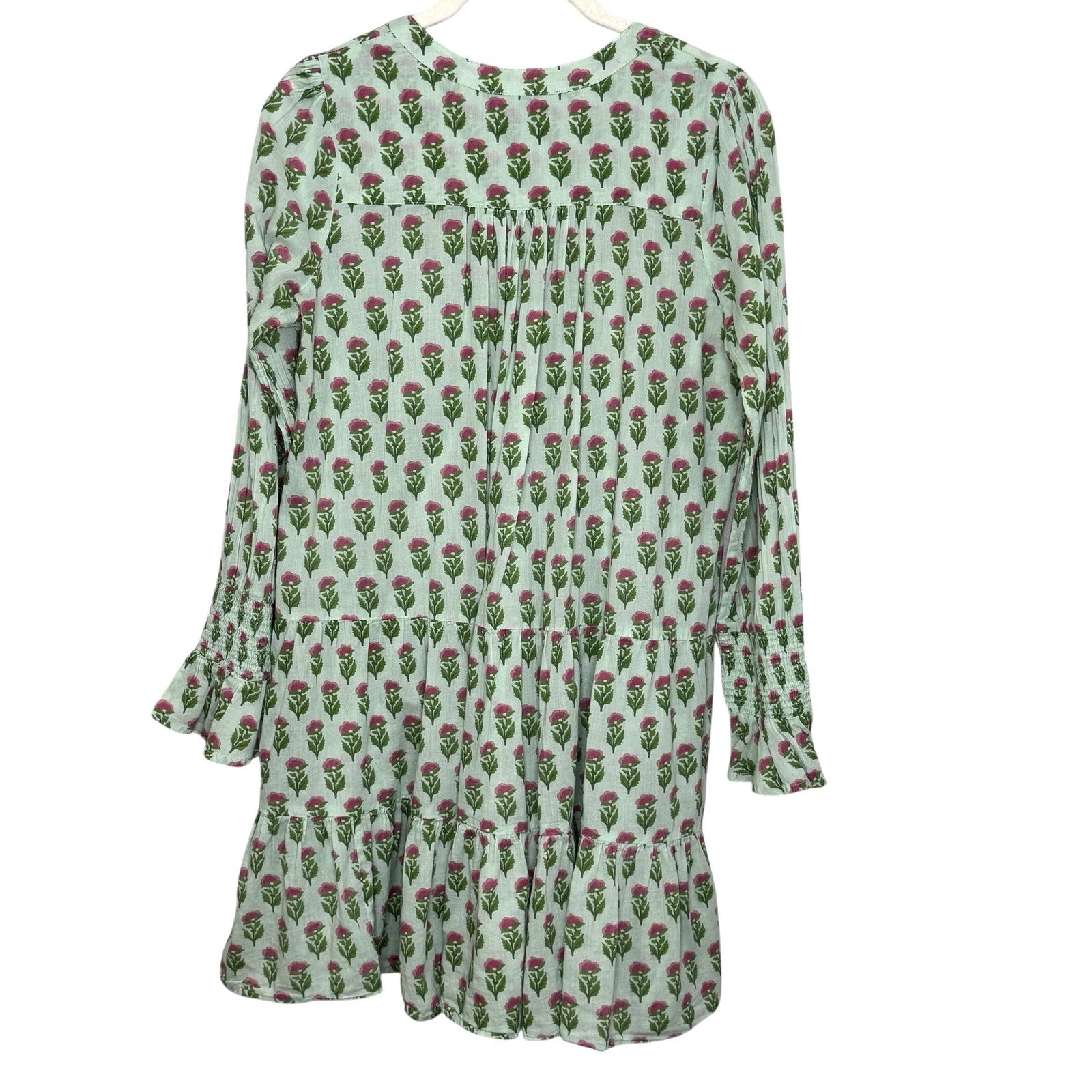 Tuckernuck Dress Womens XS Green Pink Floral Long Sleeve V Neck Tiered Boho