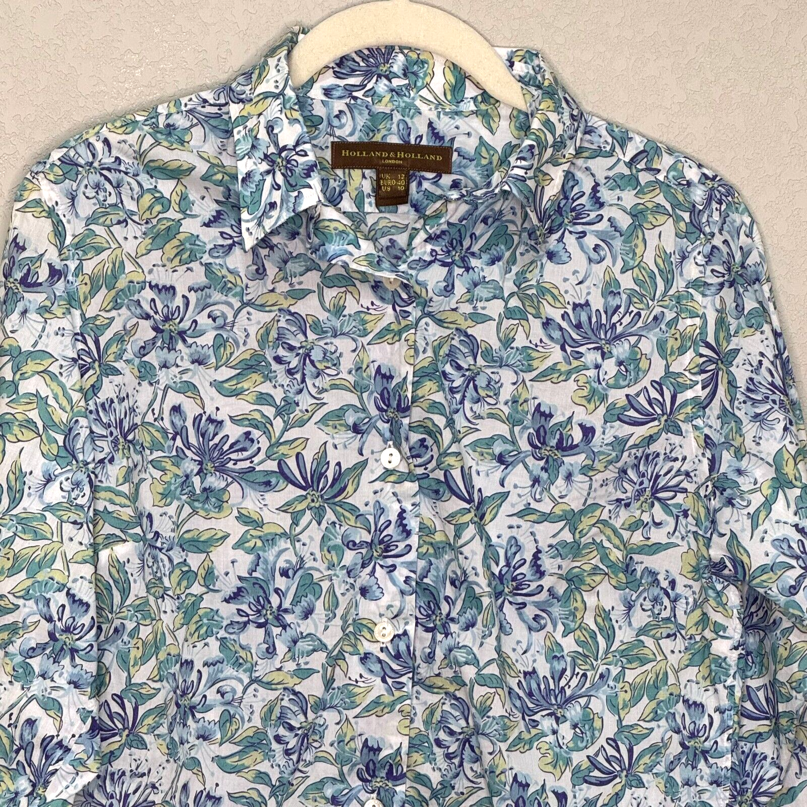 Holland & Holland London Button Down Shirt Womens US Size 10 Blue Floral