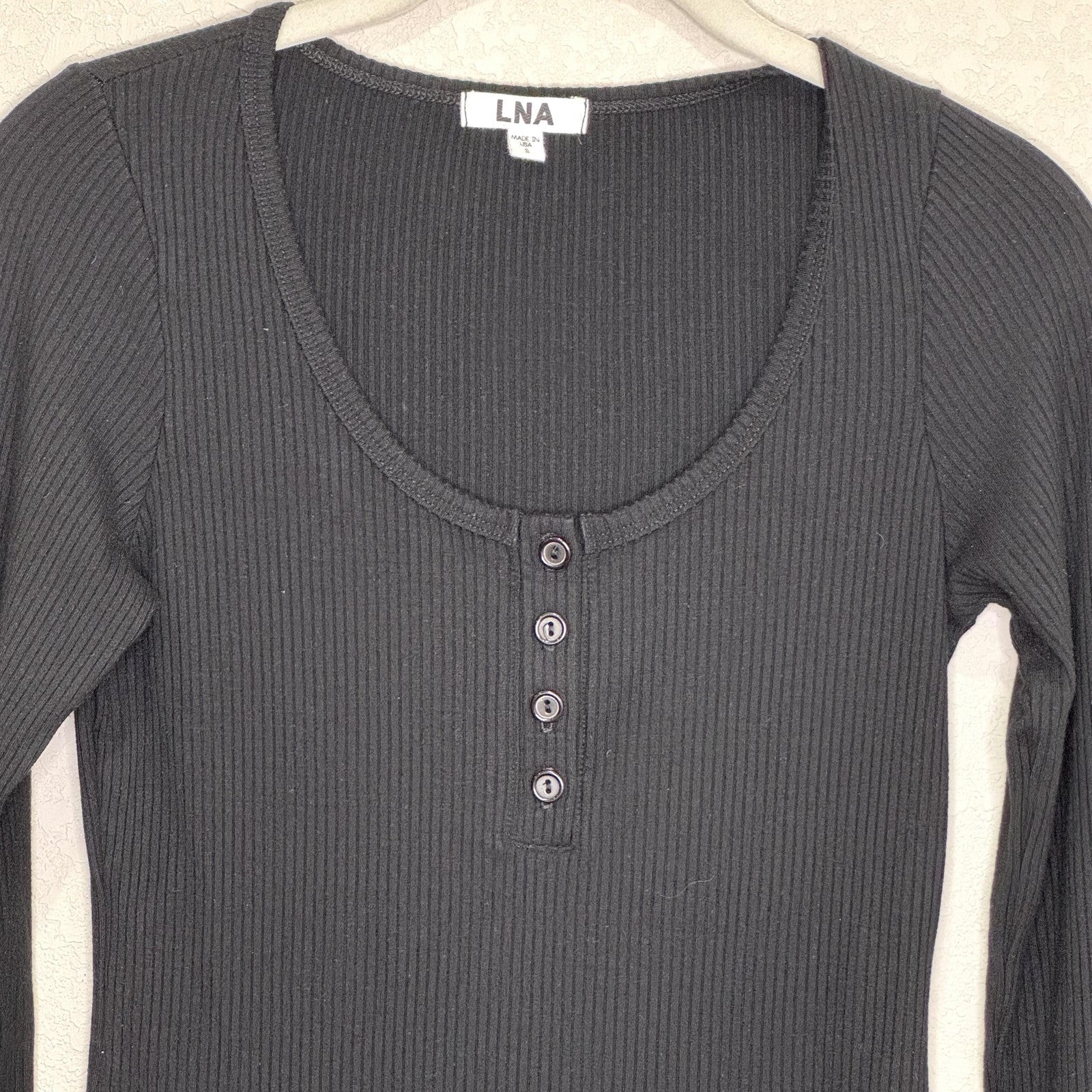 LNA Shirt Womens Small Black Ribbed Long Sleeve Henley Scoop Neck Modal Made USA