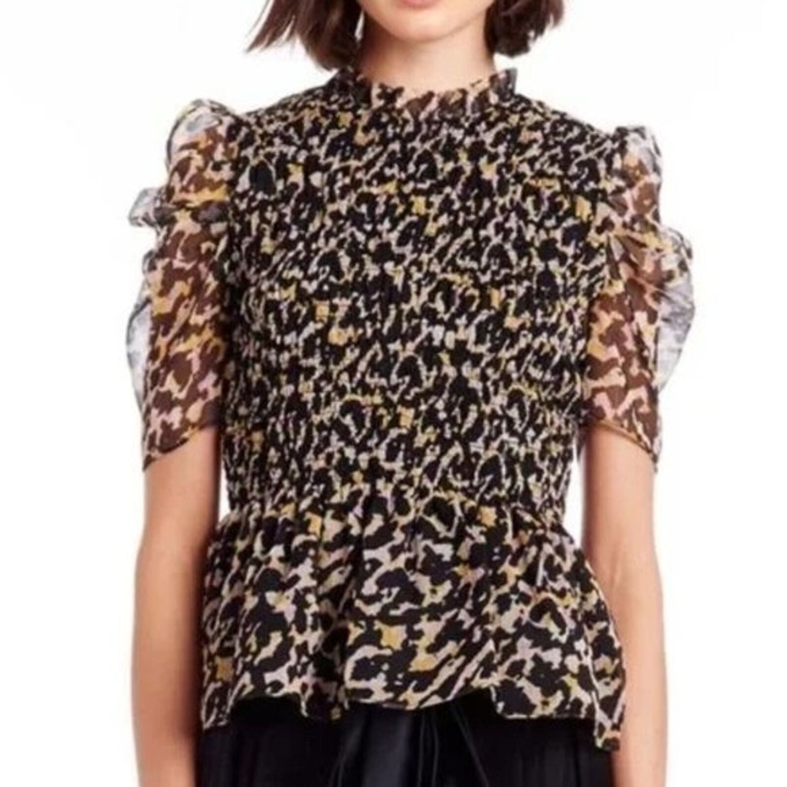 Amanda Uprichard Top Size Small Adrina Smocked Blouse Black Animal Print