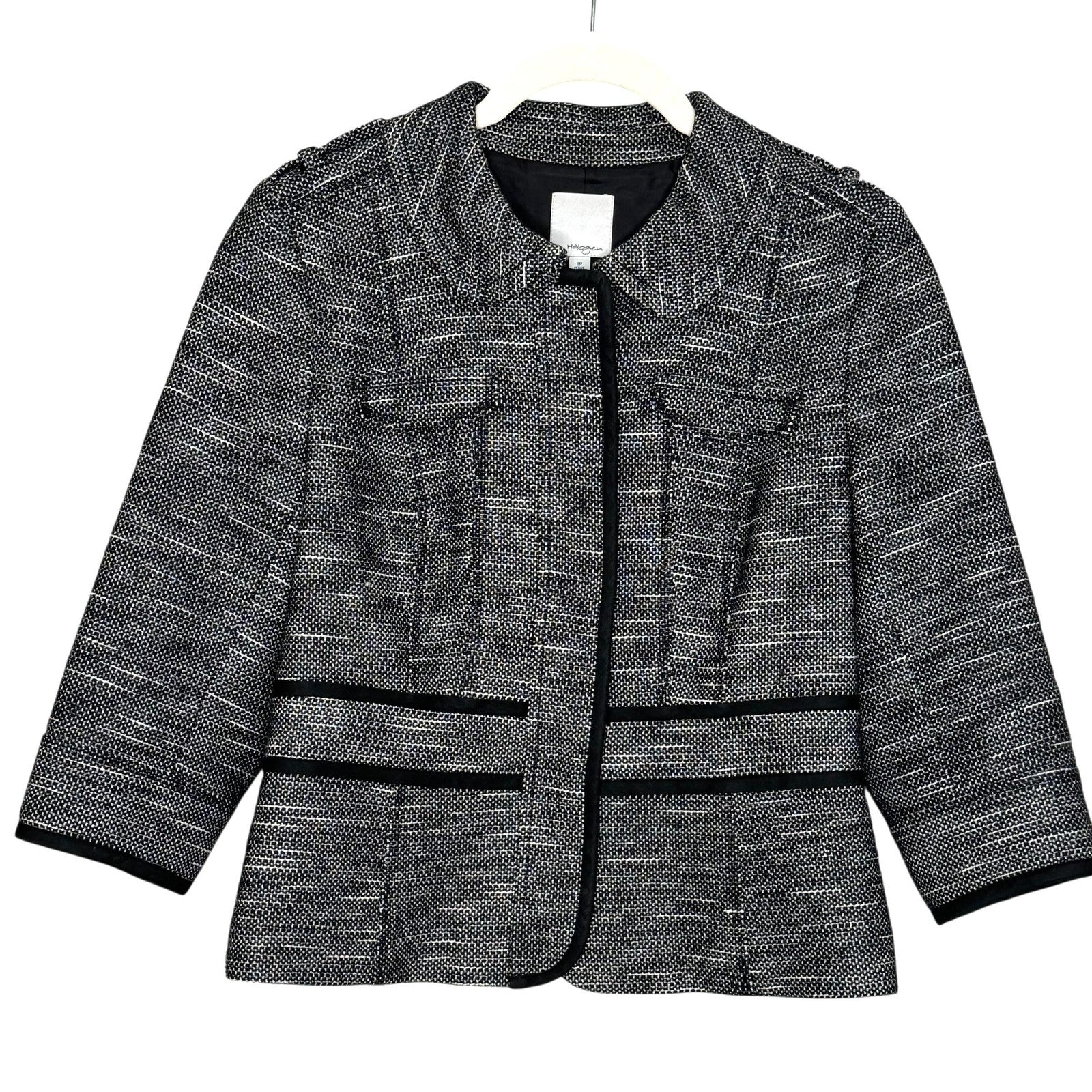 Halogen Jacket Womens 6P Petite Black White Tweed Lined Cropped 3/4 Sleeve Piped