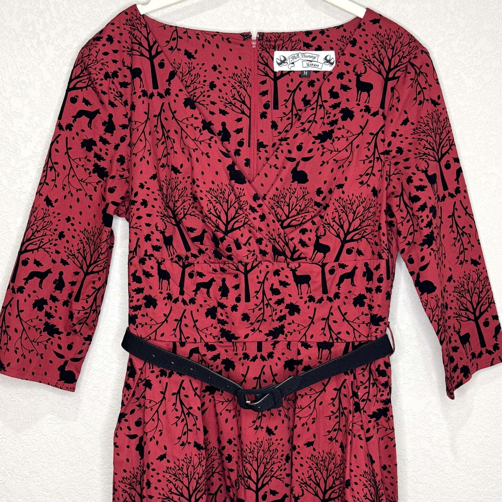 Hell Bunny Vixen Dress Medium Red Riding Hood Forest Print Pockets Belted Retro